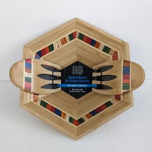 BALTIQUE Marrakesh Bamboo Salad Bowl Salad Hands Set Boho Colorful Birch Inlay